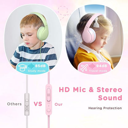 Kids Headphones Wired with Microphone, Over Ear 85/94dB Volume Limited Headphones with Share Port, Stereo Sound Foldable Headset for Teens/Boys/Girls - Pink