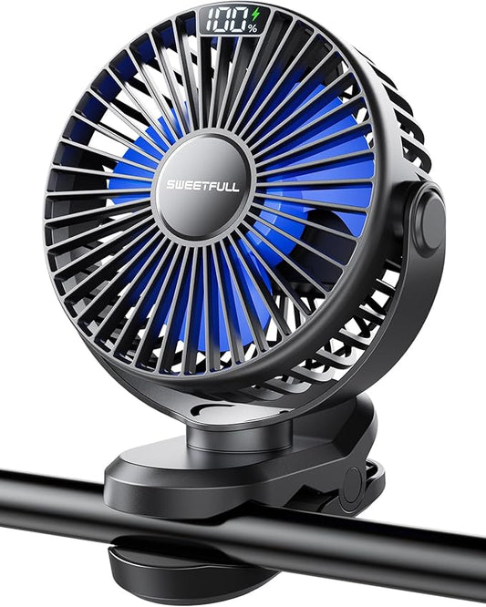 SWEETFULL Portable Clip on Fan - Battery Operated Stroller Fan, 4000mAh Small Rechargeable Fans with LED Display, 4 Speeds, Mini Personal Cooling Desk Cooler for Golf Cart Travel Camping Gym (Black)