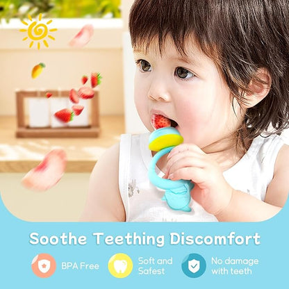 Baby Solids/Frozen Fruit Feeder Pacifier, Infant Teether Toy 4M+, BPA-Free Silicone Pouch & Nipple, Safely Introduce Solids, Teething Relief, 2-Pack (Dolphin - Blue Pink)