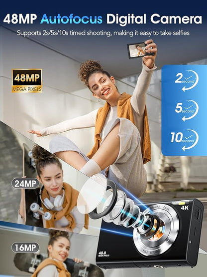 Digital Camera,Autofocus 4K Vlogging Camera for Photography with 32GB Card,48MP Portable Compact Point and Shoot Digital Camera for Teens Adult Beginner with 16X Zoom,Anti-Shake,2 Batteries(Black)