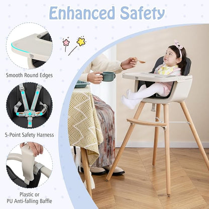 BABY JOY Baby High Chair, 3-in-1 Convertible Wooden Highchair for Babies & Toddlers, Infant Feeding Chair w/ 5-Point Safety Harness, Footrest, Adjustable Legs, Removable Tray & PU Cushion (Black)