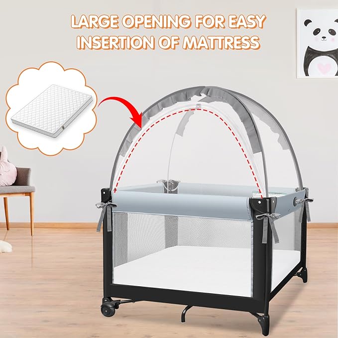Pack N Play Tent - Mini Crib Tent to Keep Baby from Climbing Out - Crib Net to Keep Baby in - Pop Up Breathable Cribs Cover - Canopy with Upgrade Strong Mesh and Durable Zipper (Gray, Small)