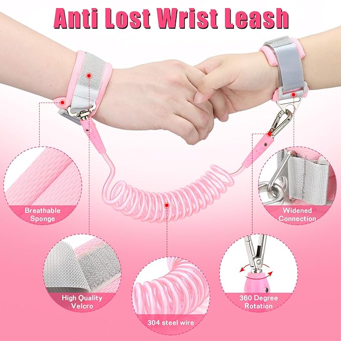 Toddler Leash-Baby Walking Safty Harness and Child Anti Lost Wrist Link for Girls/Boys Travel (Pink)