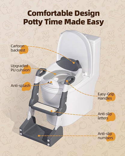 3-in-1 Potty Training Toilet, Toddler Toilet Seat with Step Stool, Foldable Potty Ladder with Potty Chart, PU Cushion, Splash Guard, Anti-Slip Steps & Urinal for Boys & Girls, Grey
