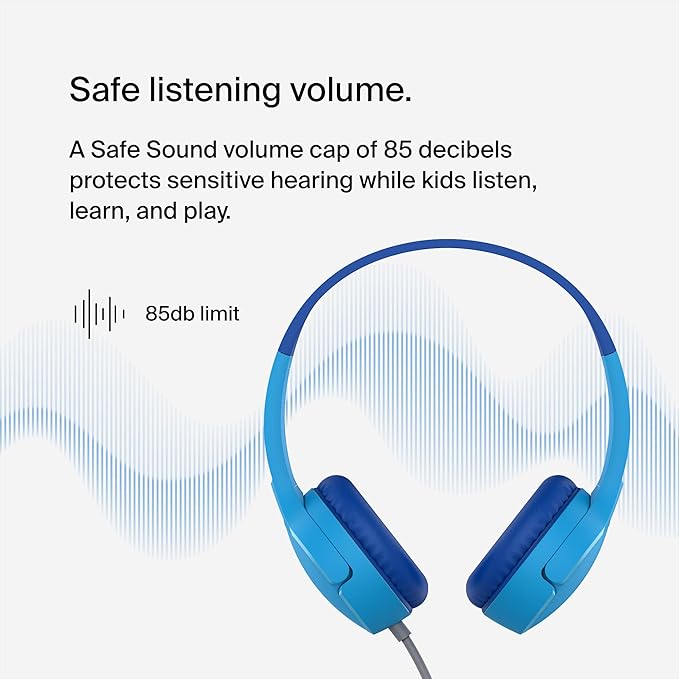 Belkin SoundForm Mini Kids Wired Headphones with Built-in Microphone & Fun Stickers, 85dB Safe Volume Limit – for Online Learning, Travel, Compatible w/iPhone 15, iPad, Galaxy S23, & More - Blue