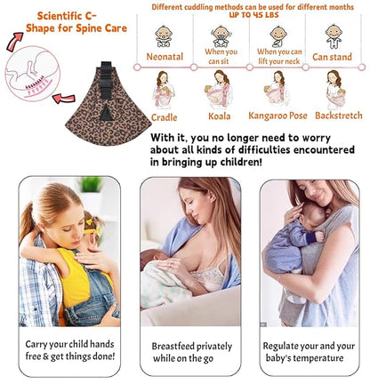 Baby Sling Carrier Adjustable Baby Sling 2025 Upgraded Toddler Sling Comfortable Baby Wrap Carriers Ergonomic-Designed, Travel Friendly Carrying 10-45 LbsLeopard