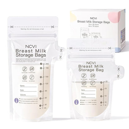NCVI 4+7 oz Breastmilk Storage Bag Freezer for 0-3 Months, Breast Milk Feeding Bag with Temp-Sensing, Doubled-Sealed, Self Standing, Easy Pour Spout, BPA-Free, 4oz(70count)+7oz(30count)