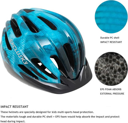 Exclusky Kids Bike Helmet with LED Light – Adjustable Multi-Sport Youth Helmet for Boys & Girls, Ages 5-12, Fits 50-57cm, Cycling Safety Gear