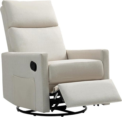 Swivel Rocker Recliner Chair, Upholstered Fabric Nursery Rocking Glider Chair with Adjustable Backrest and Footrest, Lay Flat Recliner Single Lazy Sofa for Living Room(Beige)
