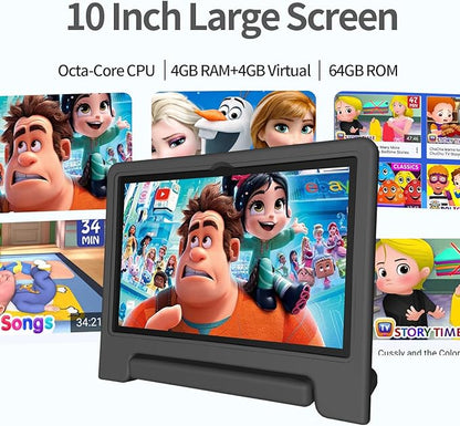 JREN Tablet for Kids｜10 Inch Kids Tablet Android 14｜Octa-core｜64GB｜WiFi ｜Bluetooth｜Parental Control｜Children Content｜Children Toddler Black