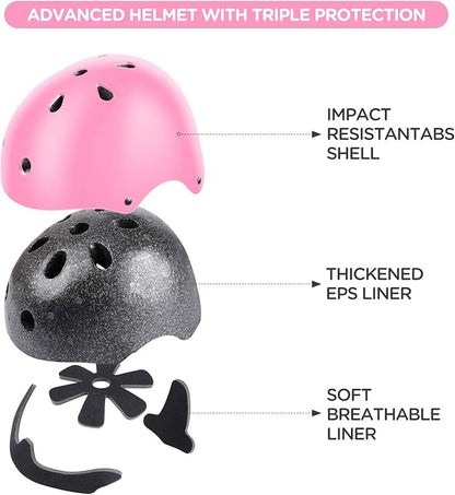 DaCool Kids Bike Helmet Set Skateboard Knee Pads - Kids Helmet Elbow Pads Wrist Guards Adjustable for 3~10yrs Girl Boy Kids Protective Gear Set for Sport Cycling Bike Roller Skating Scooter