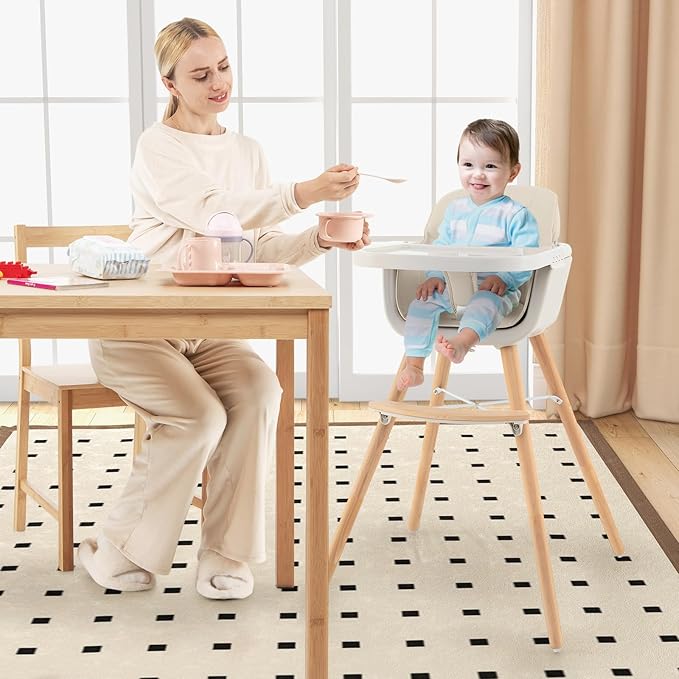 HONEY JOY High Chair, 3-in-1 Eat & Grow Wooden Highchair/Booster Seat/Toddler Chair with Removable Tray, 5-Point Harness, PU Cushion and Footrest for Baby, High Chair for Babies and Toddlers(Beige)