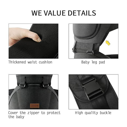 Baby Carrier with Hip Seat, Baby Carrier Newborn to Toddler, 6-in-1 Ways to Carry, All Seasons, Adjustable Baby Holder Carrier for Breastfeeding(Black)
