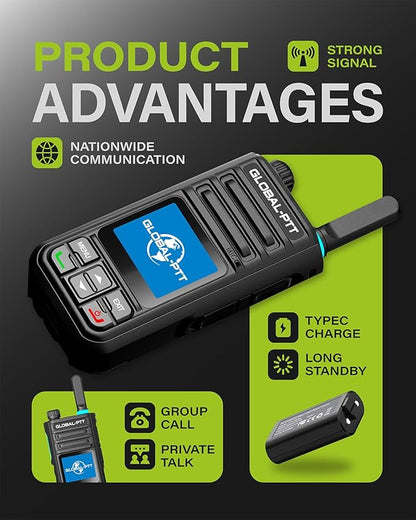 Global-PTT G9 4G LTE Walkie Talkies Nationwide Coverage for Adults and Kids – 2 Pack Unlimited Long Range PoC Radios with Free 1-Year SIM
