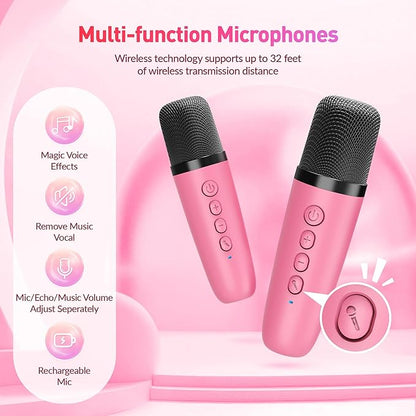 Mini Karaoke Machine with 2 Wireless Microphones for Kids Adults,Portable Bluetooth Karaoke Speaker with Party Lights,Christmas Birthday Gifts for Girls Ages 4, 5, 6,7, 8, 9, 10,12+ Family Home Party
