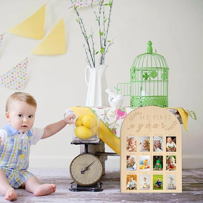 My First Year Photo Display Wood Board Baby's First Year Photo Frame Milestone Board 12 Months Baby Picture Frame 1st Birthday Nursery Decorations for Boy Girl Baby Keepsake Gift for Mom (2" x 3" photos - Wallet Size)