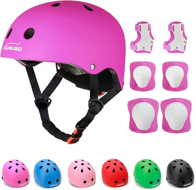 KAMUGO Kids Adjustable Helmet, with Sports Protective Gear Set Knee Elbow Wrist Pads for Toddler Age 2-8 Boys Girls, Bike Skateboard Hoverboard Scooter Rollerblading Helmet Set