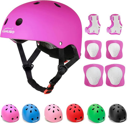 KAMUGO Kids Adjustable Helmet, with Sports Protective Gear Set Knee Elbow Wrist Pads for Toddler Age 2-8 Boys Girls, Bike Skateboard Hoverboard Scooter Rollerblading Helmet Set