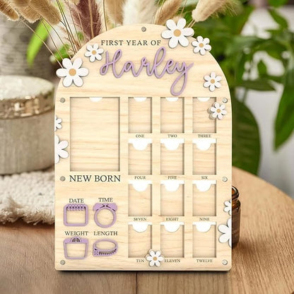Personalized My First Year Photo Frame | 12 Months Picture Frame For Baby First Year | Displays One 4x6 Photo and Twelve 2x3 Pictures | Birthday Party Decor Newborn Memory Keepsake, Daisy Florals