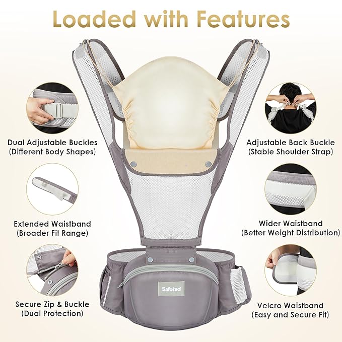 Baby Carrier Newborn to Toddler, Lightweight Ergonomic Baby Hip Seat Carrier Up to 33lbs, Adjustable Extended Waistband Infant Carrier with Breathable Sunshield, Light Grey