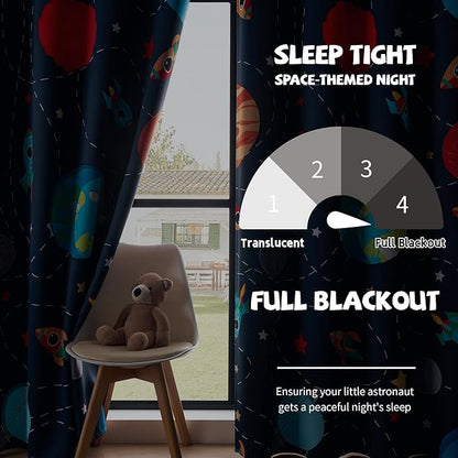 Kids Space Themed Blackout Curtains - 2 Panels, Each W52×L54, 100% Blackout, Perfect for Bedroom and Nursery, Energy Saving with Vibrant Cosmos Patterns