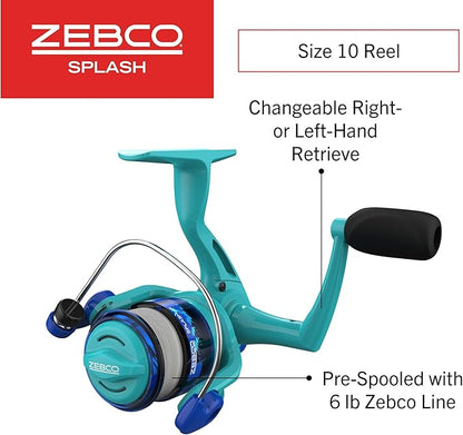 Zebco Splash Junior Spinning Reel and Fishing Rod Combo, 4-Foot 2-Piece Fishing Pole, Size 10 Reel, Changeable Right- or Left-Hand Retrieve, Pre-Spooled with 6-Pound Zebco Line