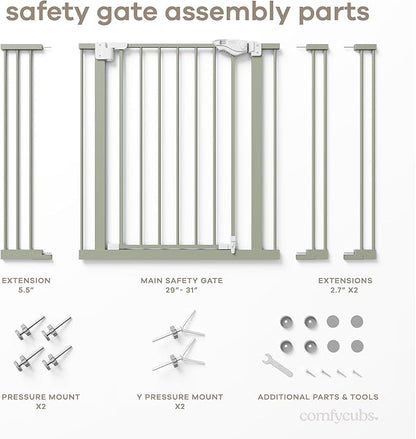 Comfy Cubs Baby Safety Gate with 3 Extensions - Adjustable 42" x 1.9" x 30" Q195 Steel Doorway Barrier - Powder-Coated Finish for Stairs and Doorways - Walk-Through Design Pet Gate - Sage