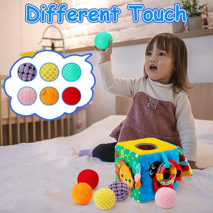 beetoy Sensory Busy Cube for Baby, Montessori Infant Toys with Textured Sensory Balls, Early Learning Travel Toys for Fine Motor Skills, Perfect Newborn Boy and Girl Gift