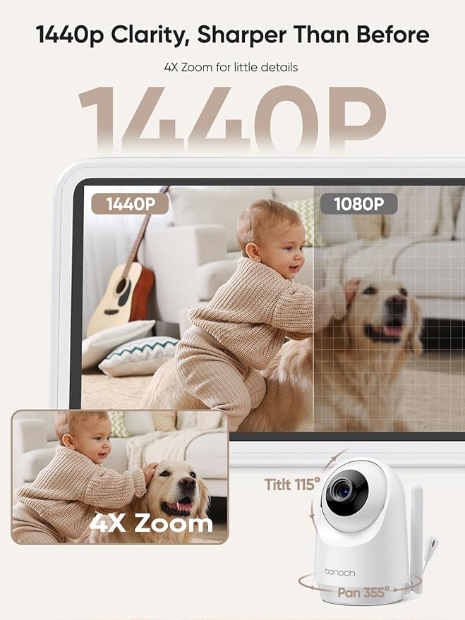 bonoch Add-on Baby Camera Unit for BBM14/BBM16, 1440p HD Video Baby Monitor Camera No WiFi, Security Split-Screen, Auto Night Vision, 4X Zoom, 2-Way Audio, Temperature Sensor, 3 White Noise 3Lullabies