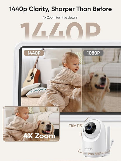 bonoch Add-on Baby Camera Unit for BBM14/BBM16, 1440p HD Video Baby Monitor Camera No WiFi, Security Split-Screen, Auto Night Vision, 4X Zoom, 2-Way Audio, Temperature Sensor, 3 White Noise 3Lullabies
