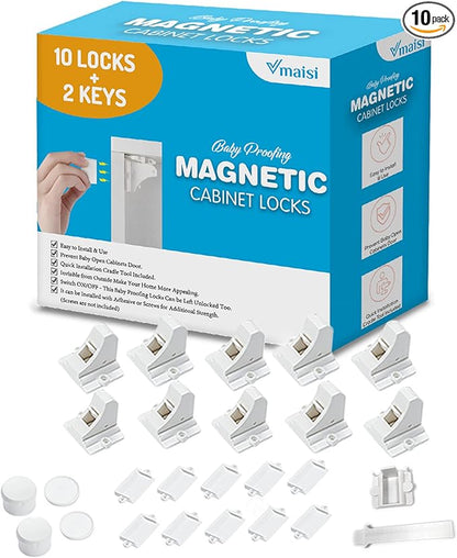Vmaisi Adhesive Magnetic Locks for Cabinets & Drawers (10 Locks and 2 Keys)