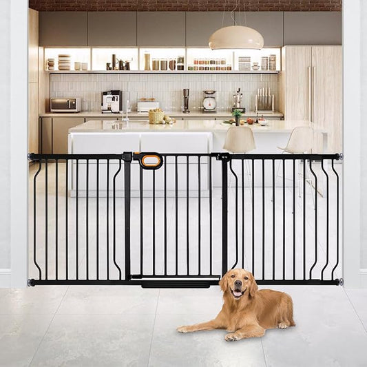 Owlie Baby Gate with Door 66-75 Inch, Extra Wide Stair Gates for Kids Adjustable Wide Dog Pet Gate Stairway Large Baby Gates Pressure Mount for Pets for House Stairway Doorway Black (30.5'' Tall)