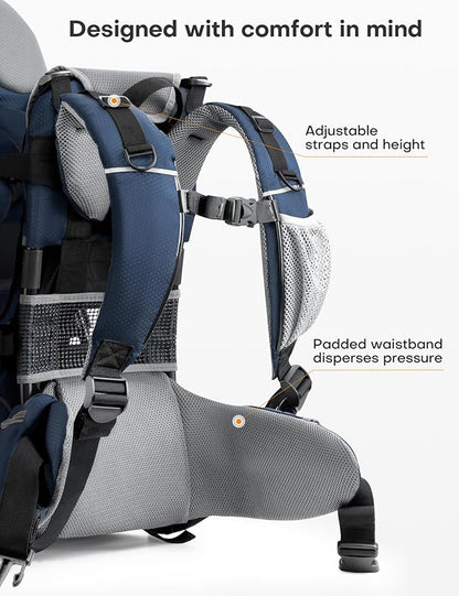 besrey Baby Backpack Carrier, Toddler Hiking Backpack with Safety 3-Height Seat, Adjustable Straps&Waist Belt, Foldable Frame Lightweight Large Capacity Child Carrier for Hiking (Blue/Grey)