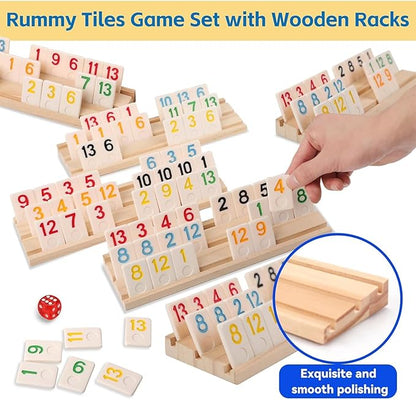 Deluxe Rummy Cube Game Set 6-8 Players with 8 Wooden Racks and 240 Melamine Rummy Tiles, Travel Family Board Game for Adults and Kids