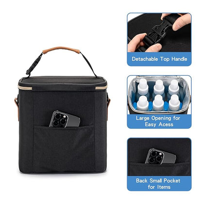 Breastmilk Cooler Bag with Ice Pack Fits 6 Baby Bottles Up to 9 Ounce, Baby Bottle Bag with Shoulder Strap for Nursing Mom Daycare, Black