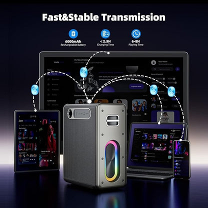 Karaoke Machine with 2 Wireless Microphones Portable Bluetooth Karaoke Machine for Adults Kids DSP Chip Karaoke Speaker with LED Lights Supports TWS TF Card USB AUX in