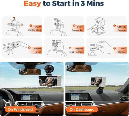 Wireless Baby Car Camera Monitor 5" HD 1080P IPS, 360° Rotating Camera with Auto/Manual Night Vision, 1000ft Range, Anti-Glare Display & USB Charging for Backseat, Home, Travel，Camping