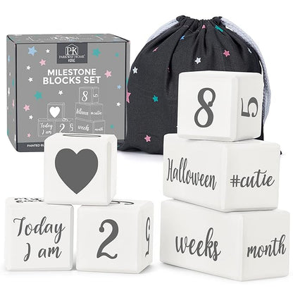 White Baby Monthly Milestone Blocks with Bag. Baby Age Blocks for Girl or Boy Baby Photo Props and Baby Shower. Month Baby Milestone Blocks with Grammatically Correct Month and Year