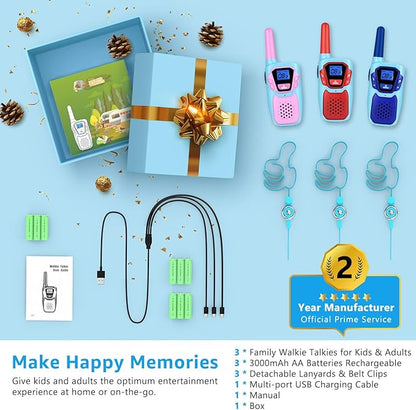 Walkie Talkies Long Range 3 Pack Rechargeable Walkie-Talkies for Kids Girls Boys Toddlers Adults Camping Hiking Skiing Cruise, Family Pink 2 Way Radio Toy with Lanyard Battery 4 Miles VOX NOAA