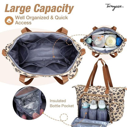Diaper Bag Tote, Large Baby Diaper Bags for Travel, Hospital Bag for Labor Delivery with Pacifier Case, Changing Pad, Shoulder Strap, Leopard Print