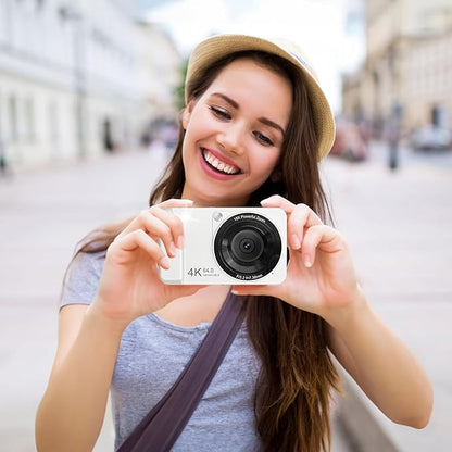 Digital Camera, 4K 64MP, 18X Zoom, Point and Shoot Digital Camera with 64GB TF Card & 2 Batteries, Portable Rechargeable Small Camera for Kids Teens Adult, White