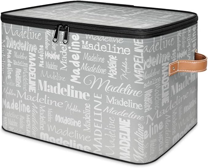 Custom Storage Basket with Name, Personalized Storage Bins with Zipper Lid, Foldable Fabric Storage Box Large capacity with Handle Grey