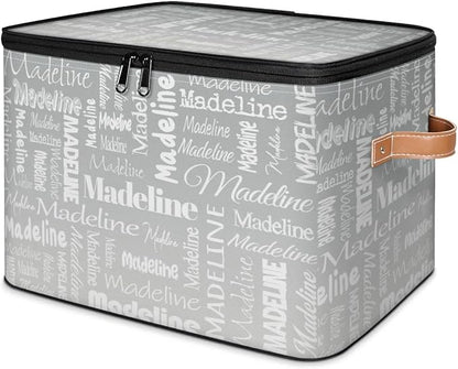 Custom Storage Basket with Name, Personalized Storage Bins with Zipper Lid, Foldable Fabric Storage Box Large capacity with Handle Grey