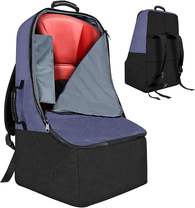 Padded Car Seat Travel Bag for Airplane, Heavy Duty Backpack for Air Travel, Water-Resistant Carrier with Shoulder Strap, Fits Most Car Seats (Blue+Black)
