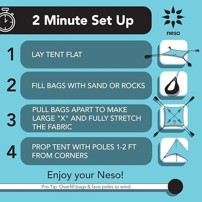 Neso Tents Beach Tent with Sand Anchor, Portable Canopy Sun Shelter, 7 x 7ft - Patented Reinforced Corners - Coral
