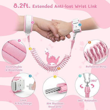 Dr.meter 3 in 1 Toddler Harness Leash + 8.2ft Anti Lost Wrist Link, Cute Dinosaur Kids Anti Lost Leash with Key Lock, Child Walking Harness for Parent Boys Girls Keep Kids Close, Travel Essensials