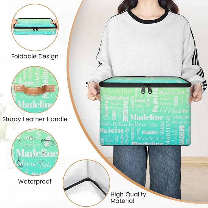 Custom Storage Basket with Name, Personalized Storage Bins with Zipper Lid, Foldable Fabric Storage Box Large capacity with Handle Green Blue