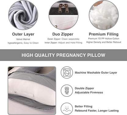 Pregnancy Pillow, Full Body Maternity Pillow 57 inch, with Removable Washable Cover - Sleep Support for Legs, Back, Neck, Shoulder, HIPS, Belly for Pregnent Women, Velvet Cover(Grey)