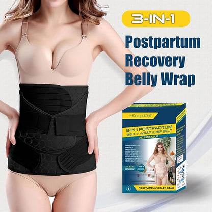 ChongErfei 3 in 1 Postpartum Belly Wrap - Recovery Belly/Waist/Pelvis Belt Black Postpartum Belly Band,Black L