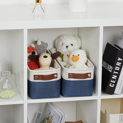 DULLEMELO Toilet Paper Baskets for Storage 15"x6"x5.5" Small Rectangular Baskets for Towels [2 Pack] Collapsible Fabric for Organizing Closet,Shelf,Toys (White&Blue)